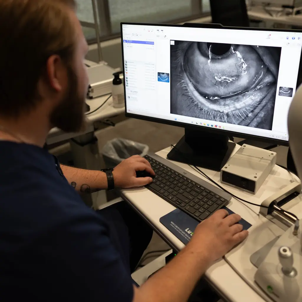 Technician reviewing ocular surface imaging on a diagnostic monitor