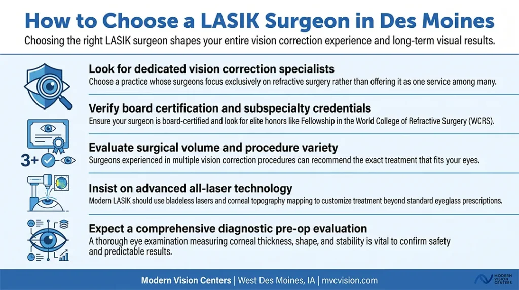 Infographic: how to choose a LASIK surgeon in Des Moines, specialists, credentials, experience, technology and a thorough pre-op evaluation