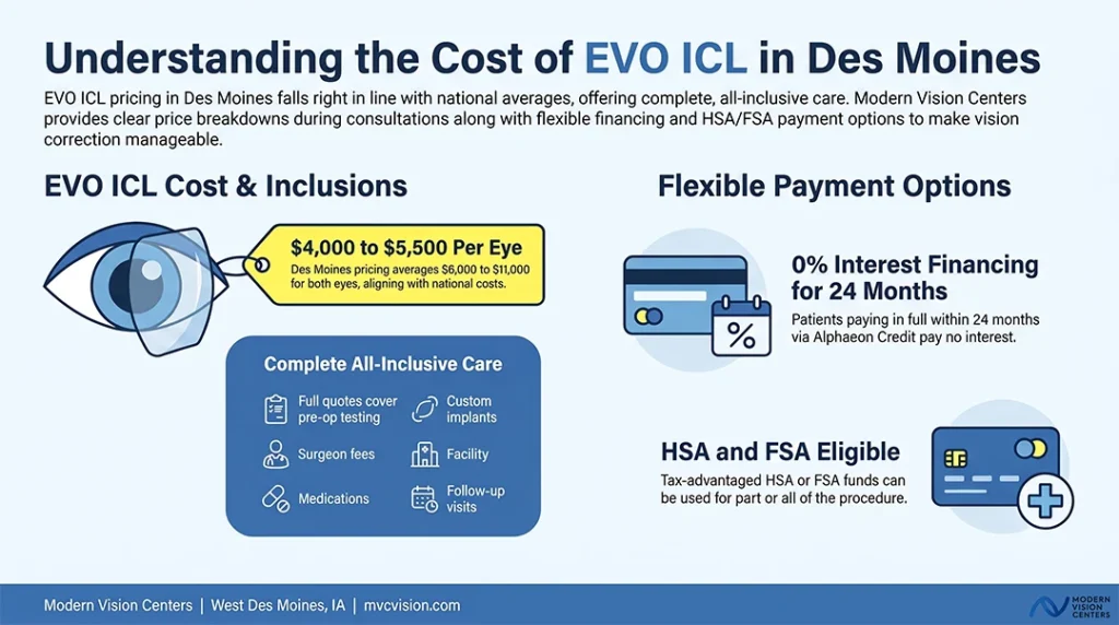 Infographic: understanding the cost of EVO ICL in Des Moines, $4,000 to $5,500 per eye with all-inclusive care, 0% financing for 24 months, and HSA/FSA eligibility