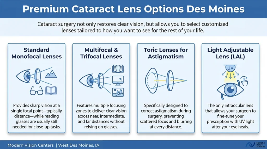 Infographic: premium cataract lens options in Des Moines, monofocal, multifocal and trifocal, toric, and the Light Adjustable Lens