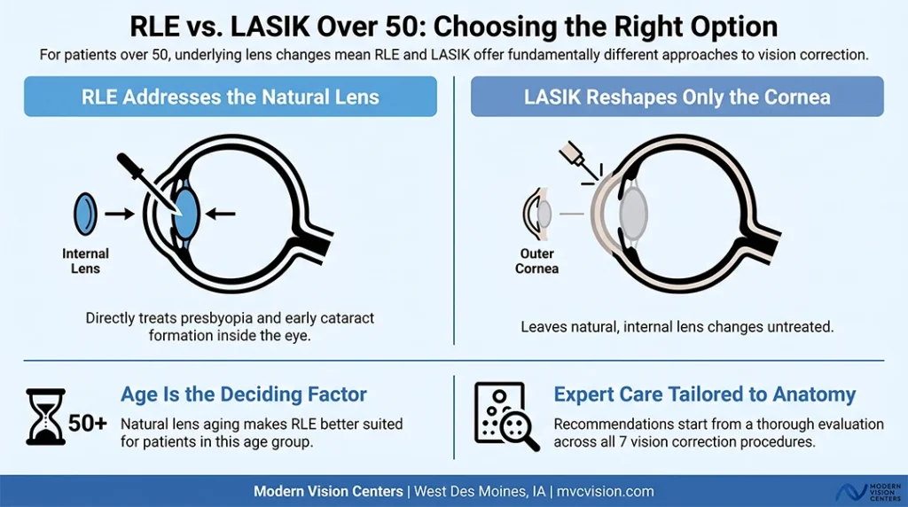 Infographic: RLE vs. LASIK over 50, RLE addresses the natural lens while LASIK reshapes only the cornea